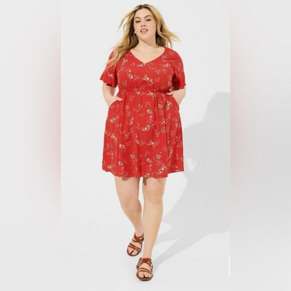 Torrid Mini Challis‎ V-Neck Elastic Waist Dress Red Paisley 2X Lightweight - Picture 1 of 3